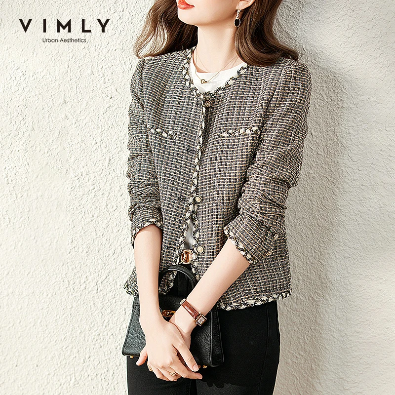 Vimly Short Tweed Jackets for Women 2023 Autumn Winter Korean Fashion Long Sleeve Elegant  Jacket Coat Outerwear Clothes V0813