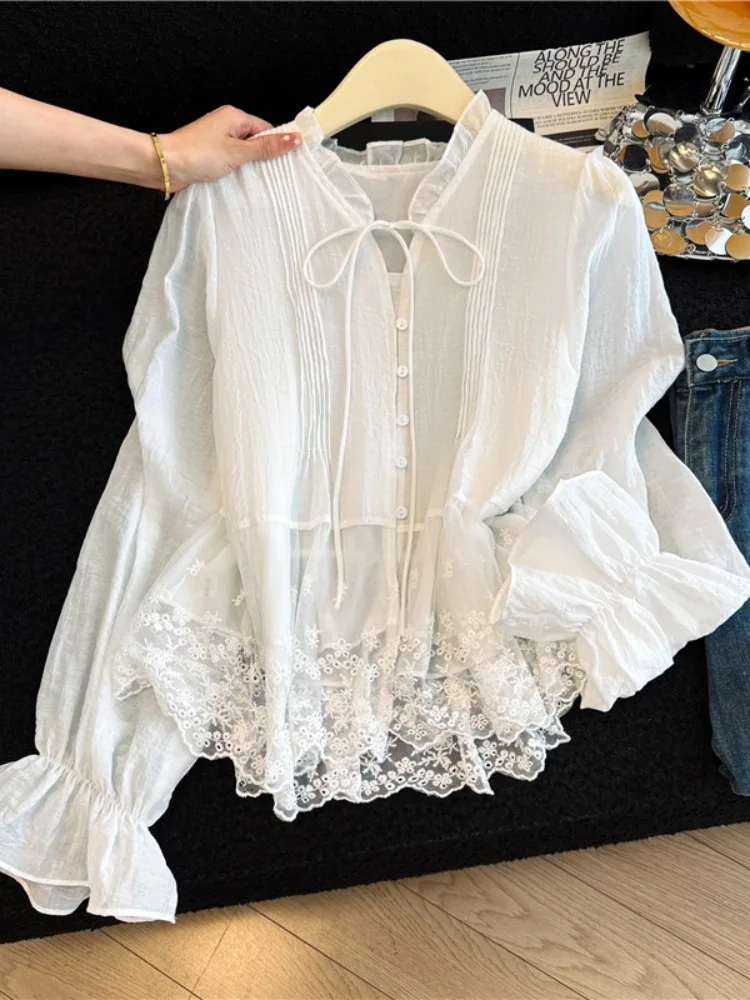

Elegant White Long Sleeve Chiffon Shirt Women's Spring Summer Lace Splicing Waist Cinched Beautiful Top Korean Style Loose Fit