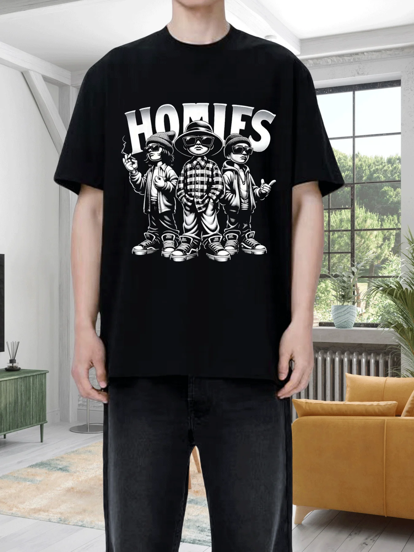 

[Street Cool HOMIES Tee] Street Cool HOMIES Printed T-Shirt - Black Cotton Crew-neck Undershirt with Clear Print - Simple Design