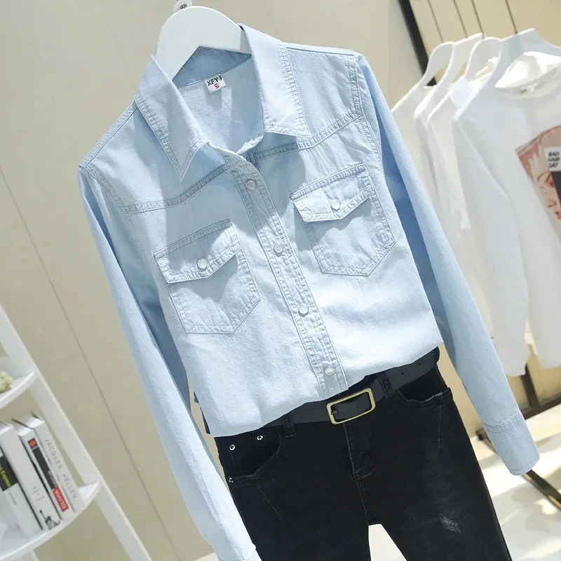 Cotton Long sleeved Washed Denim Shirt For women Spring Autumn New Slim Versatile Top Female Thin Casual Base Cowboy Outwear