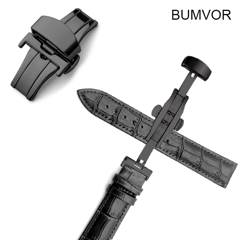 Double Push Butterfly Buckle Leather Watch Strap 16/ 18/ 20/ 22/24mm Unisex Belt Calfskin Steel Buckle Replacement Watch Band