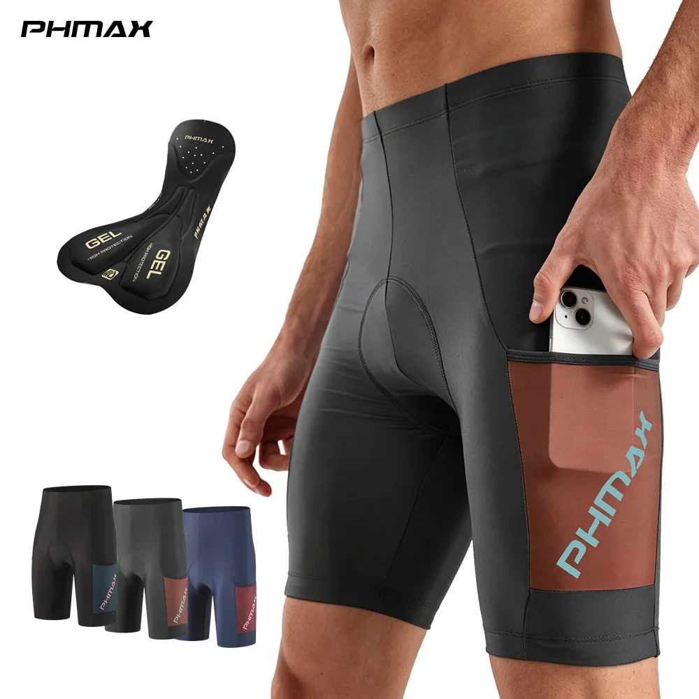PHMAX Summer Men Cycling Shorts Pocket Ride Series High Waist Anti-slip Quick Dry Padded Racing Shorts For Long Distance Riding