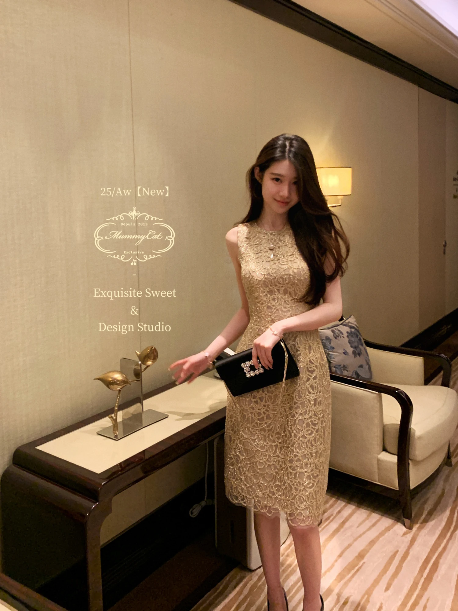 Mummy Ele Embroidered Golden Tead 3D Floral Mid-Length Gown New Arrival Women's Dr for Date Par Banquet Daily Use