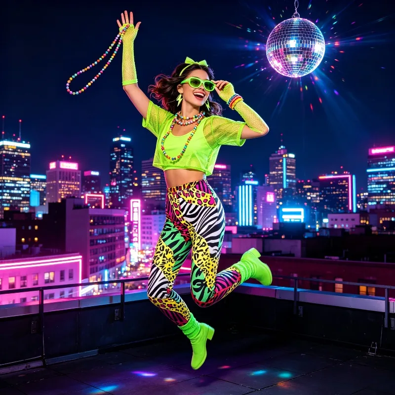 Girls Over 14 Years Old Disco Retro 80s Shiny Sports Suit Theme Carnival Stage Dance Sparkling Clothes and Accessories