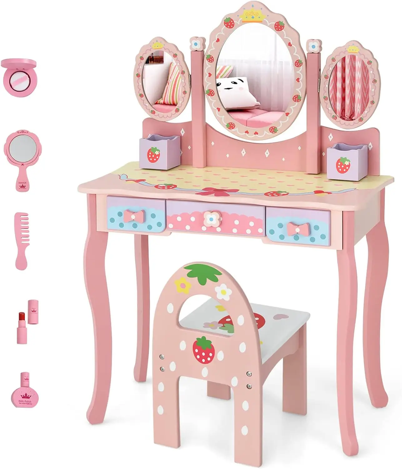 Kids Vanity Table & Chair Set, 2 in 1 Princess Makeup Dressing Table w/Detachable Top, Toddler Vanity w/Tri-fold Mirror, Drawers