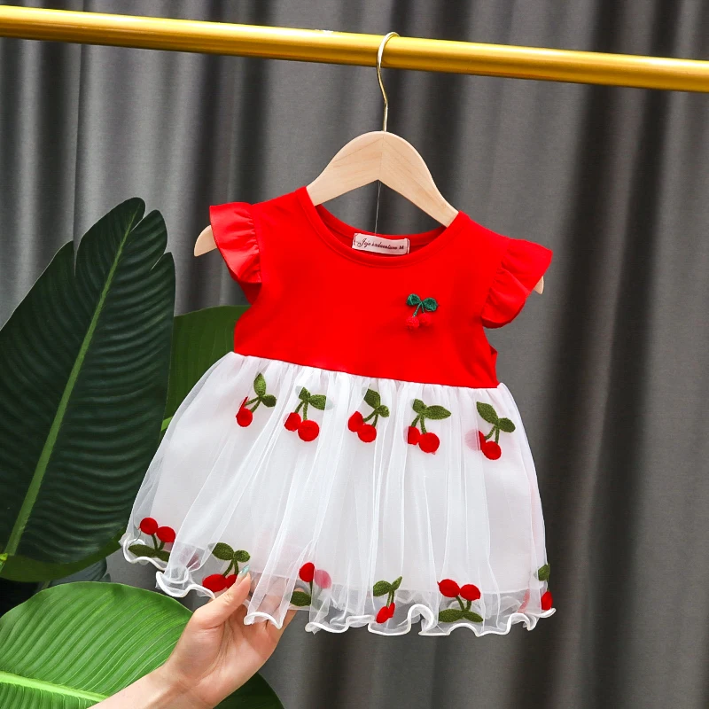 Baby Girl Summer Short-sleeved Dress small cherry embroidery mesh stitching dress girl princess