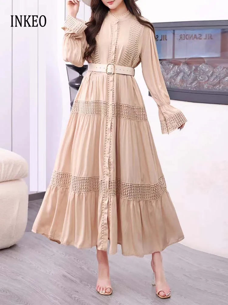 

Luxury Patchwork Maxi dress with belt Women's 2024 New Design Flare sleeve Long shirt dresses Elegant High quality INKEO 4D078