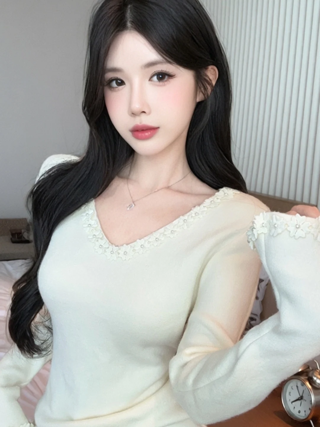 

Thickened Fleece Lined Slim Fit V-Neck Splice Beaded Lace T-Shirt Fashion Bell Sleeve Knitted Sweater Women Pure Desire Style