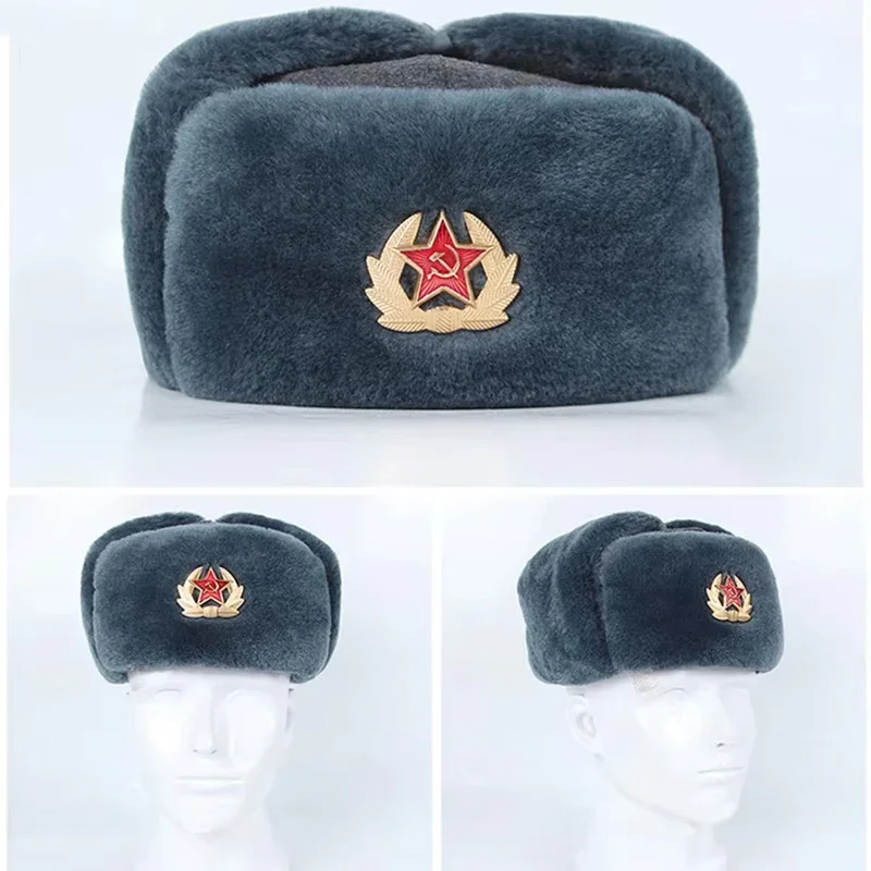 High-Precision Replica Soviet Russian Ushanka Cotton Hat M69 Red Army Star Gray Winter Hat with Lined Fleece