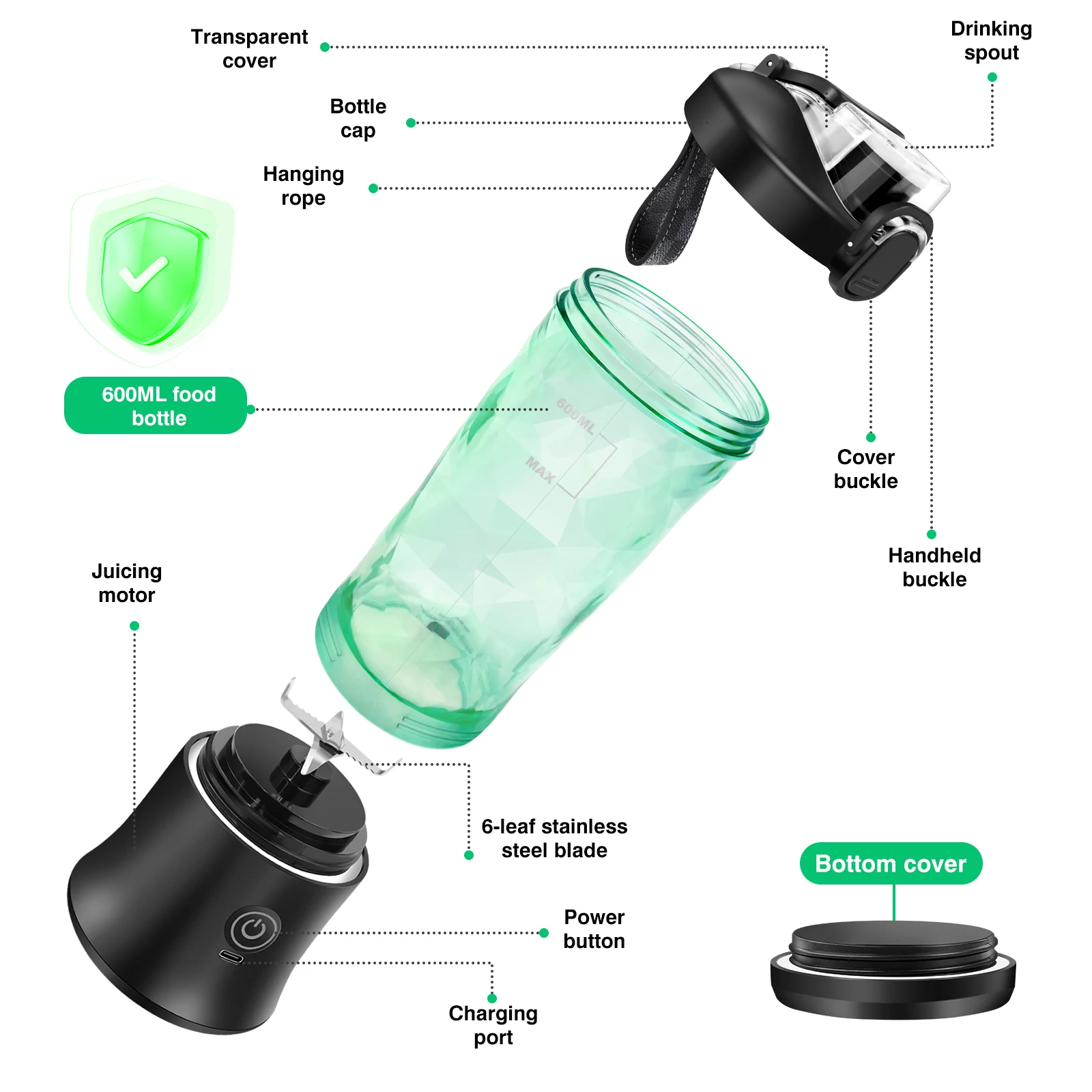 BRIEFNESS Portable Juicer Personal Blender Travel Mug Juicer 6 Blades 30 Seconds Blending For Milkshakes and Smoothies  600ML