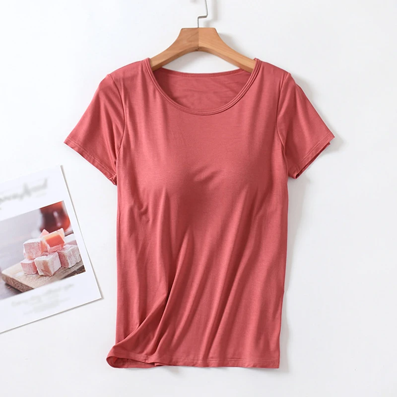 Women\'s Modal With Bra Pads Short-Sleeved Top Round Neck Thin Homewear T-Shirt Bottom Shirt Pajamas