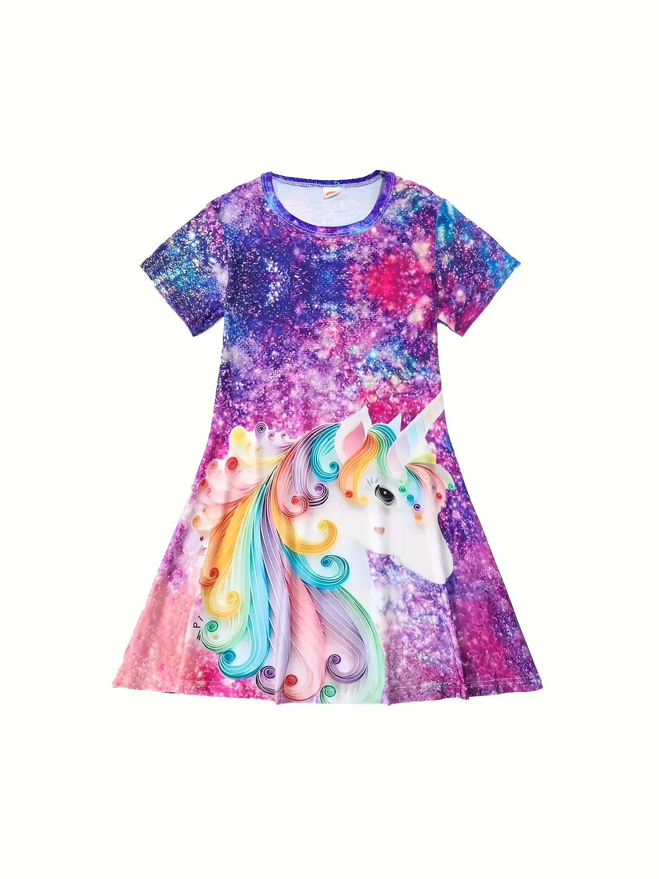 Mädchen-Party-Freizeitkleid mit Sternen-Einhorn-Digitaldruck, Rundhalsausschnitt und kurzen Ärmeln