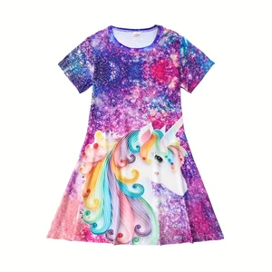 نسائي كم قصير فستان طباعة رقمية مرصع بالنجوم يونيكورن رقبة مستديرة كاجوال أفضل 8 فساتين حفلات للأطفال - رقم 1