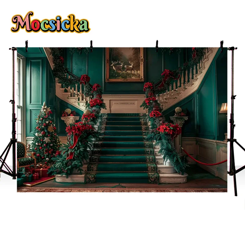 

Mocsicka Photography Background Christmas New Year Party Xmas Tree Garland Staircase Backdrop Family Photo Banner Studio Photo