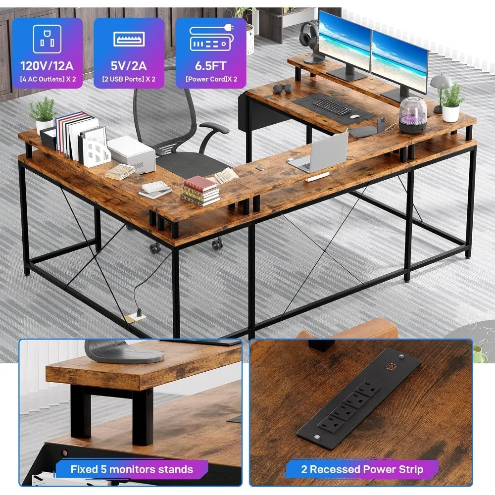 U/L Shaped Desk, Reversible Computer Gaming Desk with Power Outlet & LED Light, Large Corner Table with Monitor Stand & Storage