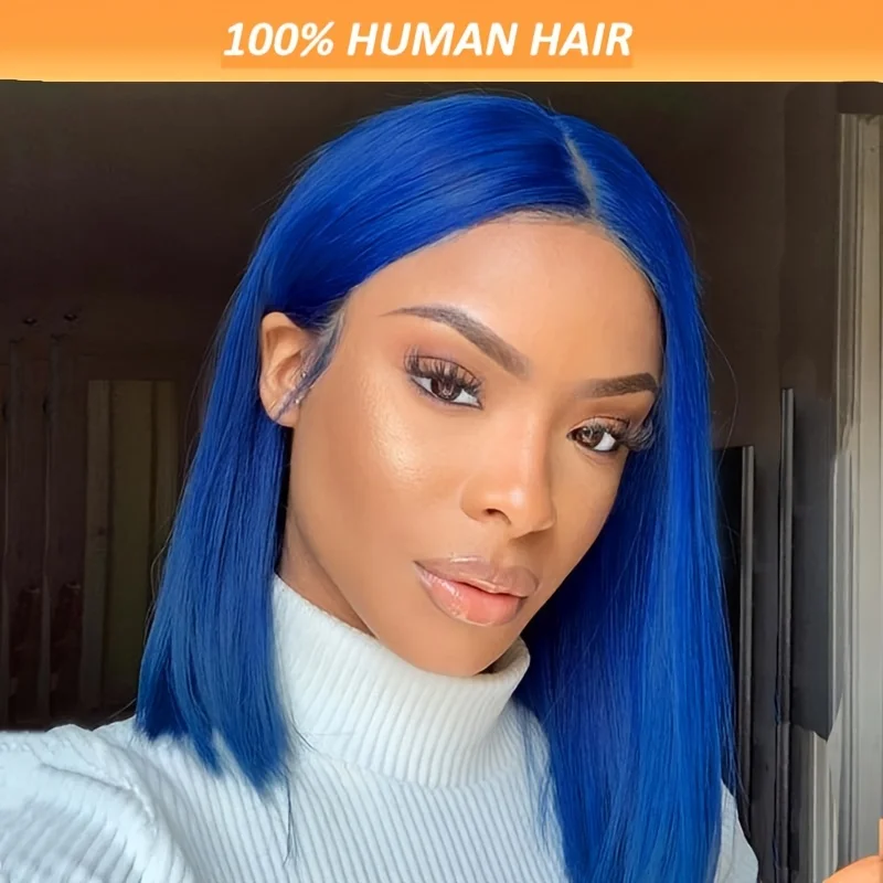 Blue Short Bob Human Hair Wig Transparent Straight 13x4 Lace Frontal Wig Preplucked Natural Hairline Brazilian Human Hair Wigs