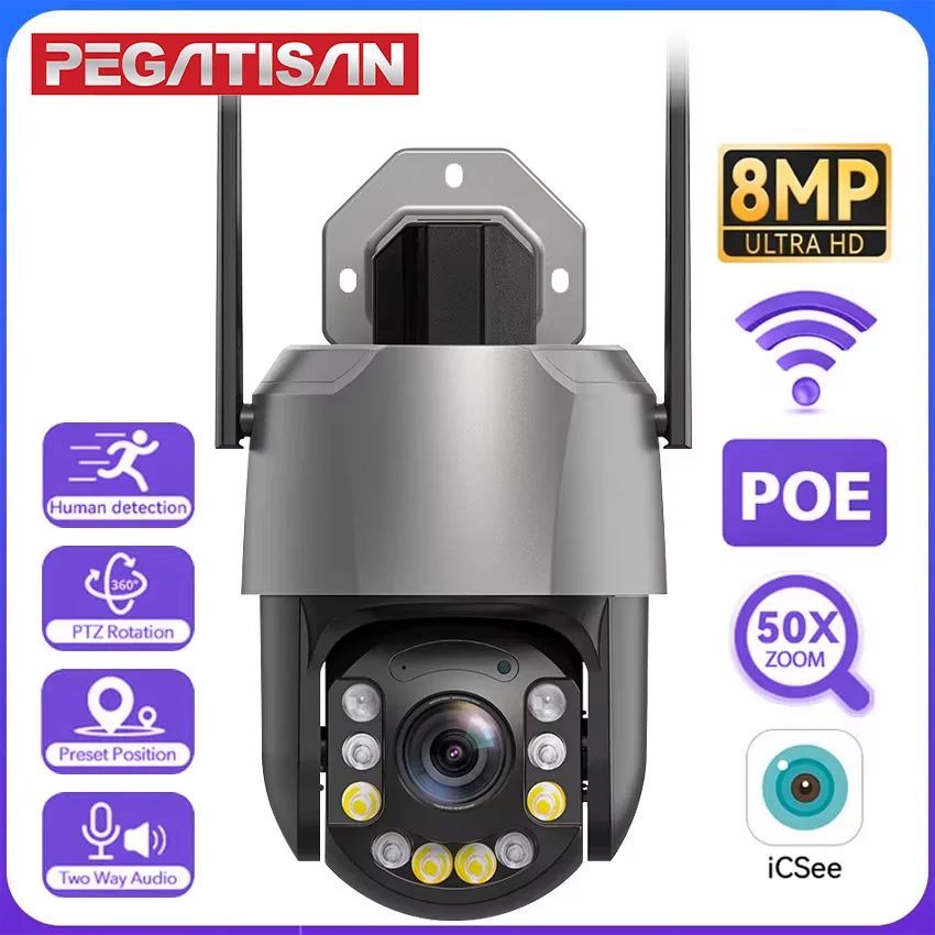 PEGATISAN 8MP 50X Zoom PTZ Camera WiFi 4K Ultra HD 20X Outdoor Surveillance 120m Ultra Long IR Vision ONVIF Security Camera