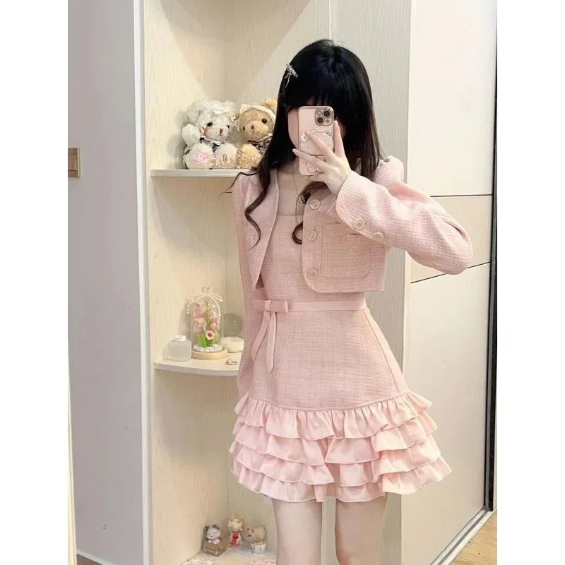 Korean Sweet V-neck Coat Strap Cake Dress Two Piece Set Women Fashion Flounce Splice Bow Solid Slim Chic Celebrity Spring Suit