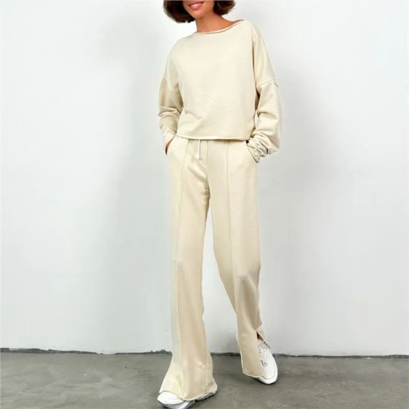 2025 Mode Straatsport Dames Herfstset Casual Effen Kleur Lange mouwen Losse top Hoge taille Wijde pijpen Broek Tweedelige set