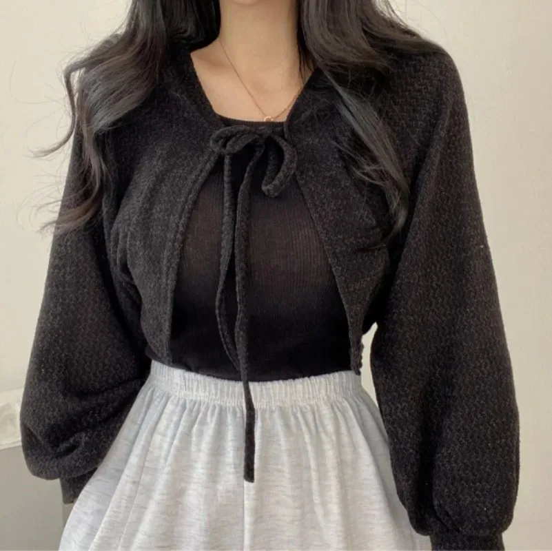 Solid Knitted Lace-Up Cardigan Women Summer Thin Sunscreen Knitwear Tops Female Korean Style Lantern Sleeve Short Coat