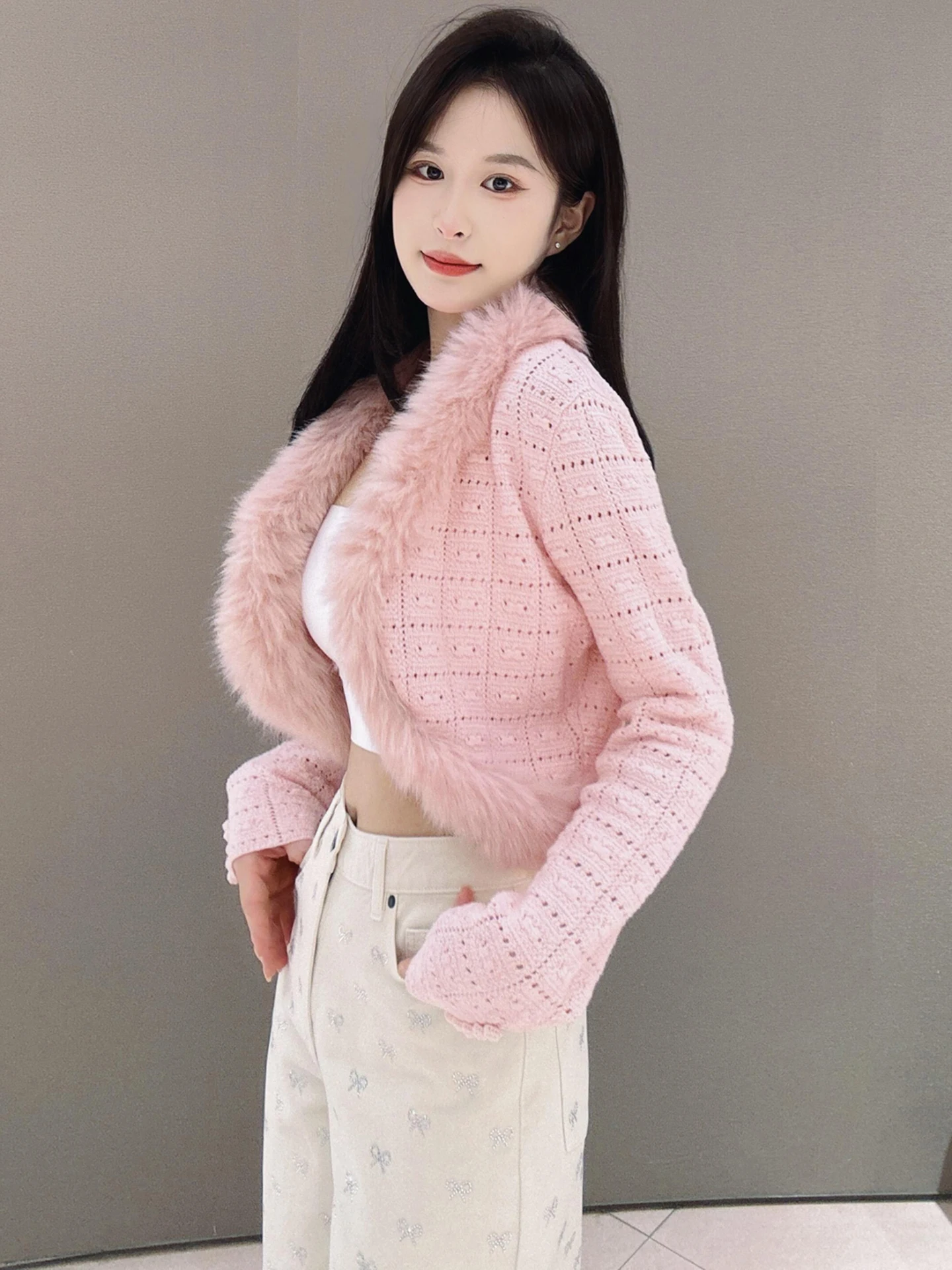 Sweet ort Knitted Cardigan Coat with Furry Collar for Women Ele Commute Sle Regular Fit Medium Softn Long Sve