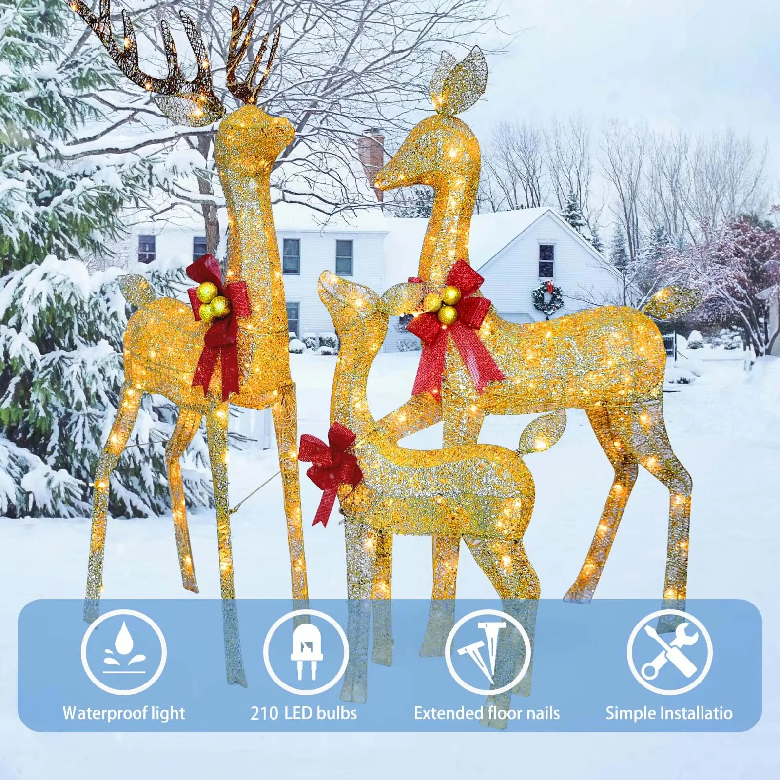 3D 3-Piece Outdoor atmosphere lighting fixtures Yard Holiday Lighted Reindeer Outside Indoor Home Lawn Garden 210 Led Lights