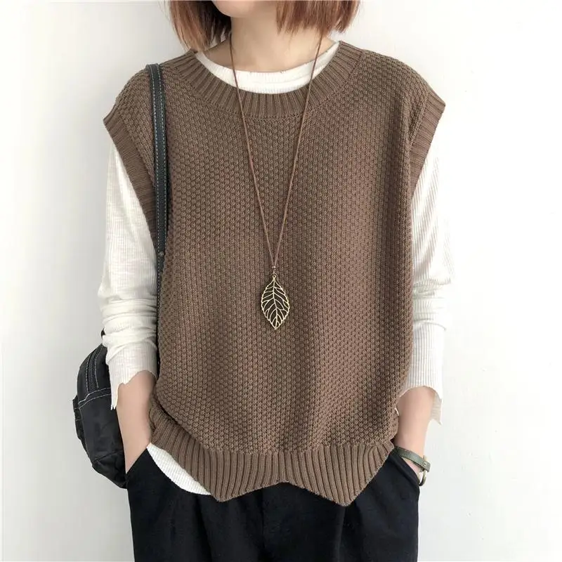 Summer Solid O-neck Asymmetrical Outerwear Single Wear Knitted Vest Women Patchwork Screw Thread Loose Versatile Sleeveless Top