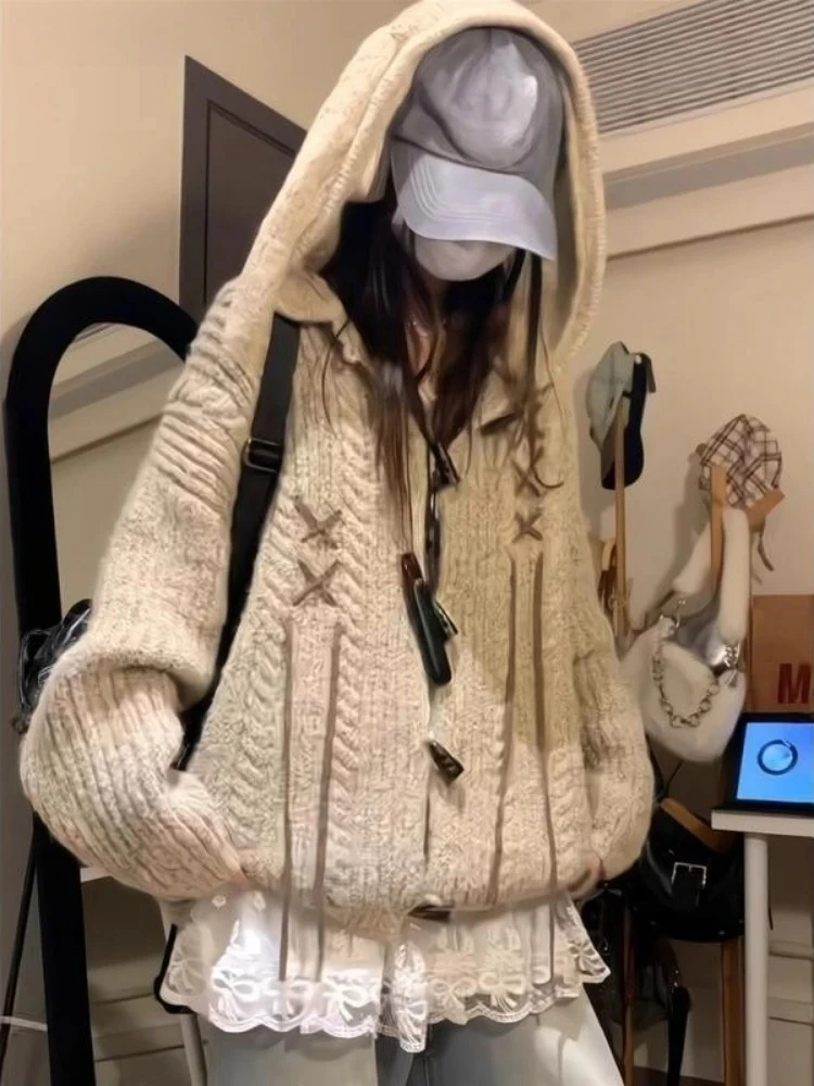 サブカルチャー ヴィンテージ フード付きカーディガン ストリートウェア レディース カジュアル ルーズトップス 2025 秋 ハラジュク グランジ セーター 2000年代 ハラジュク コート