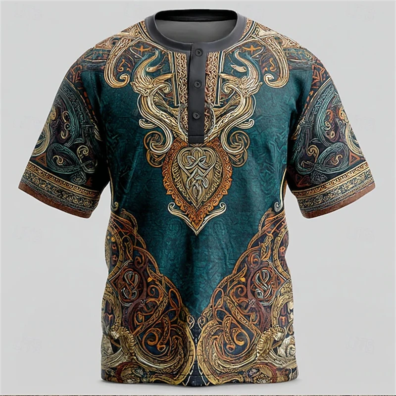 New Men's Ethnic-Patterned T-Shirt Summer Fashion Short-Sleeve Totem-Print T-Shirt Men's Casual Loose-Fit Button-Down T-Shirt