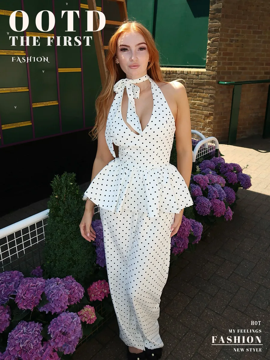 Polka Dot Slim Vest Wide Leg Pants Set Spring and Summer Women Elegant Pleated Flower Ruffle Edge Top Loose Straight Pants 2Pcs