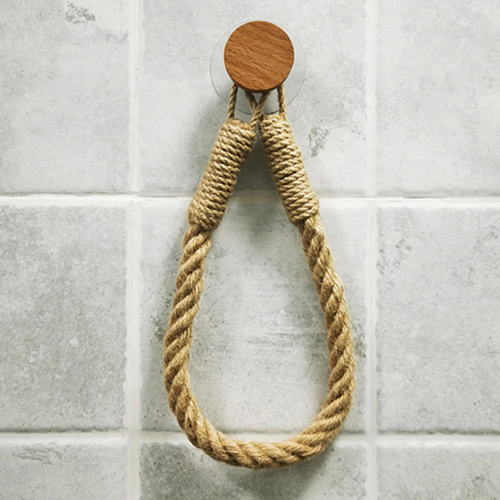 Hemp Rope Paper Towel Holder Solid Wood Cotton Rope Woven Storage Towel Rack Storage Rack Creative Punch-free Paper Roll Holder