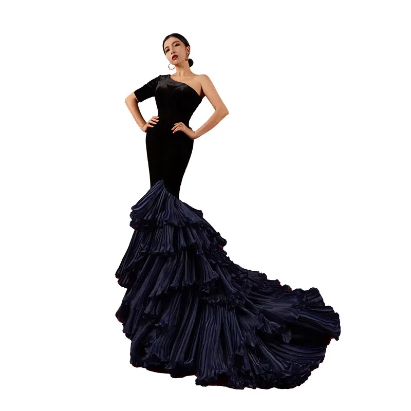 

Baisha Original Elegant Party Dresses For Women 2024 Noble Celebrity Evening Dress Velvet Fabric One Shoulder Cake Skirt H898