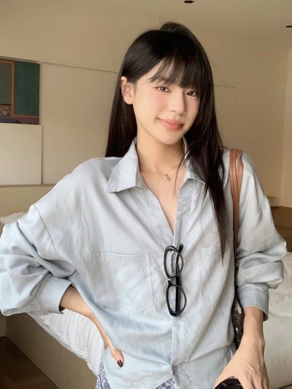 Loose Blue Long Sleeve Casual Style Women's Shirt Fashionable Versatile Korean Leisure Wind Cotton Polyester Blend Shirt