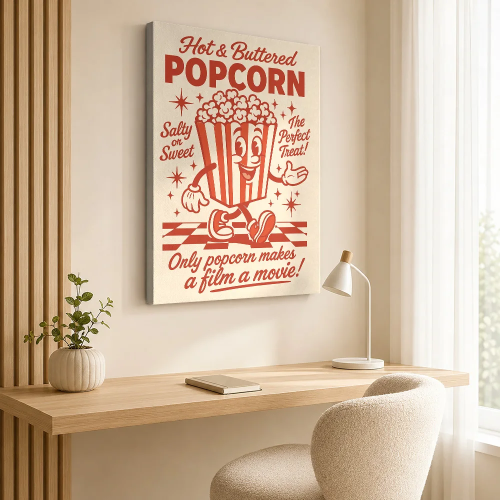 Popcorn Cartoon Cinema Food Wood Framed Canvas Print Personalized Photo Retro Graphic Wall Art For Kitchen Housewarming Gift