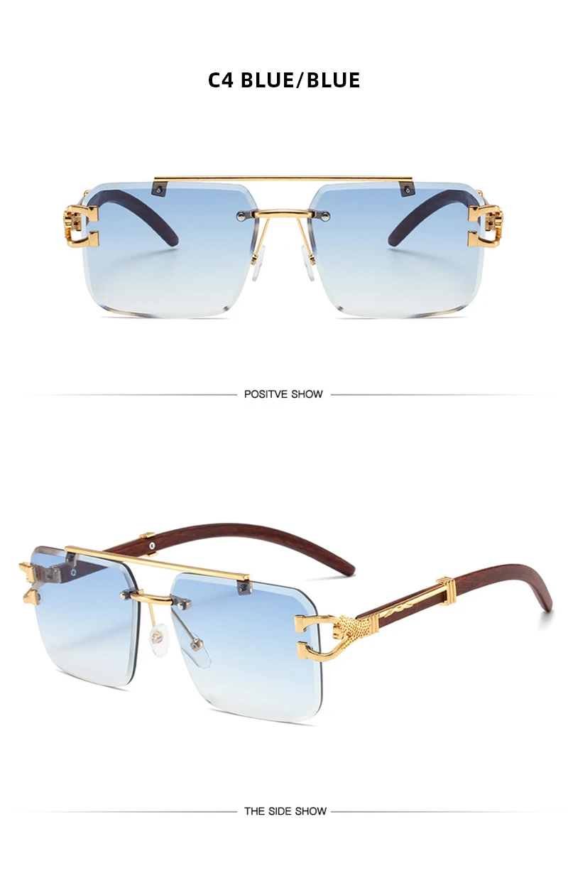 Trend Double Beam Große Sonnenbrille Männer Frauen Randlose Schnittkante Quadratische Sonnenbrille Mode Leopard Holzmaserung Shades – Detail 12