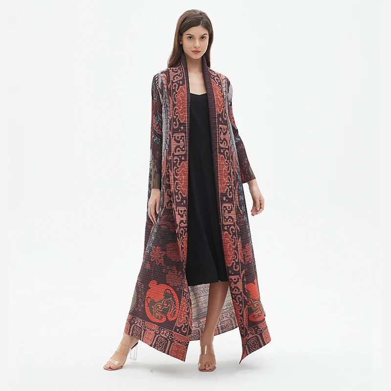 Jaqueta Abaya Plissada Longa Estampada Feminina, Trincheira Plissada, Blusão, Vestido de Noite, Casaco Estendido Solto, Roupas Femininas, Novo,