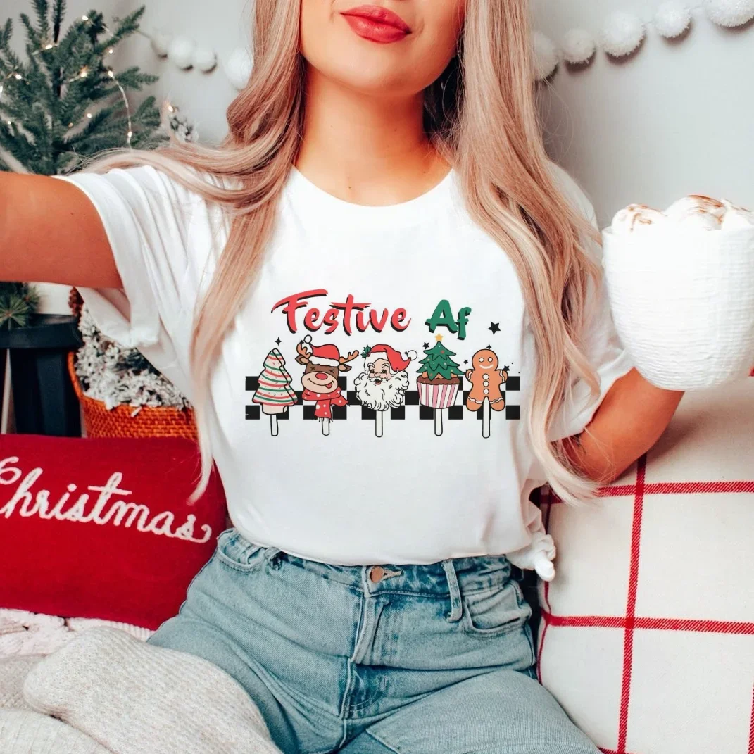 Retro Christmas Cookie Clothing O-Neck Printed Top T-Shirt Short Sleeve Fun Pattern Trendy Street Style Loose New Year T-Shirt