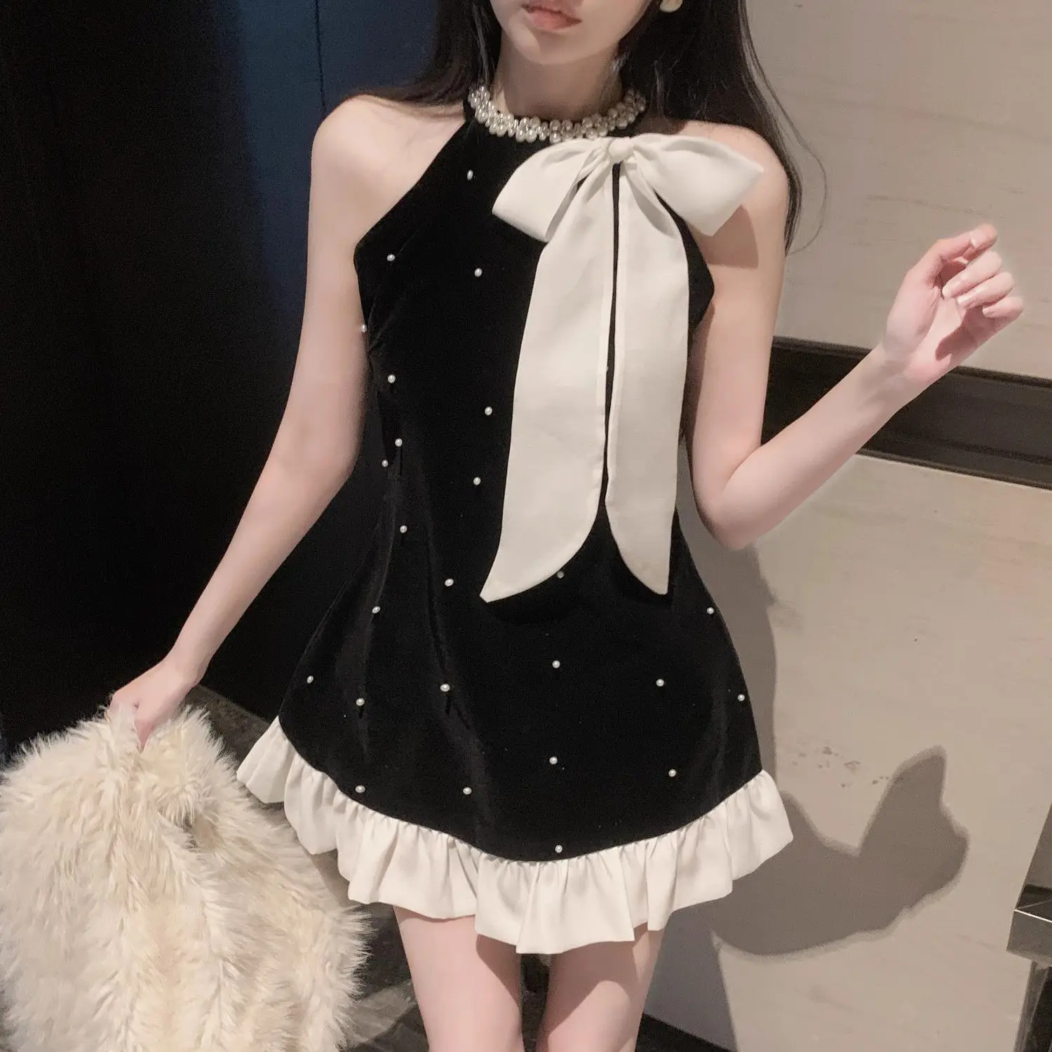 Black Bowknot Halter Neck Loose Dress for Women Spring Summer A-Line Dress with Beaded Elegant Evening Dress