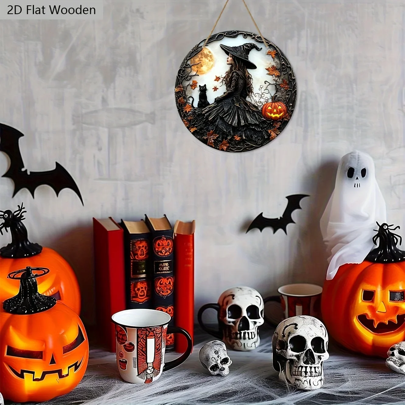 مسطح ثنائي الأبعاد، قطعة واحدة، 7.87 بوصة لافتة خشبية لساحرة الهالوين والقطة السوداء - لافتة عيد الهالوين اليقطين الإرهابية الفريدة للباب الأمامي، معلقة على الحائط #5