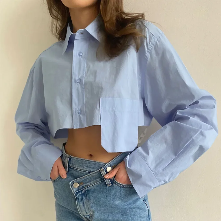 Women's Shirt with Exposed Navel Asymmetrical Splicing Fashionable and Casual Temperament Shirt for Autumn 2024