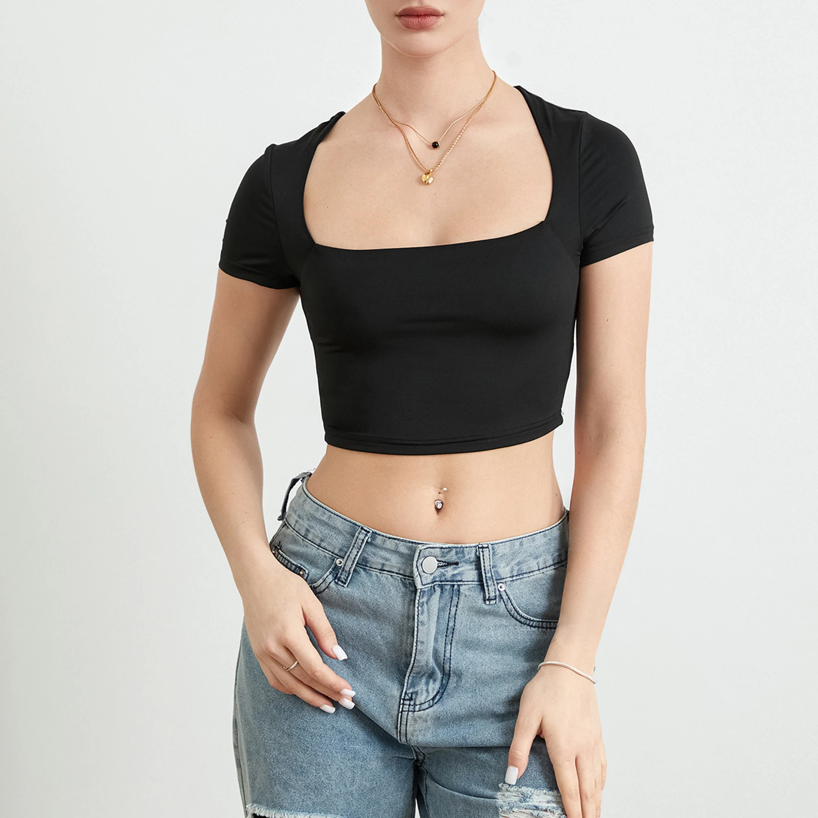 Tops cortos con cuello cuadrado para mujer, camisetas ajustadas de manga corta de Color sólido, blusas elásticas, ropa de calle