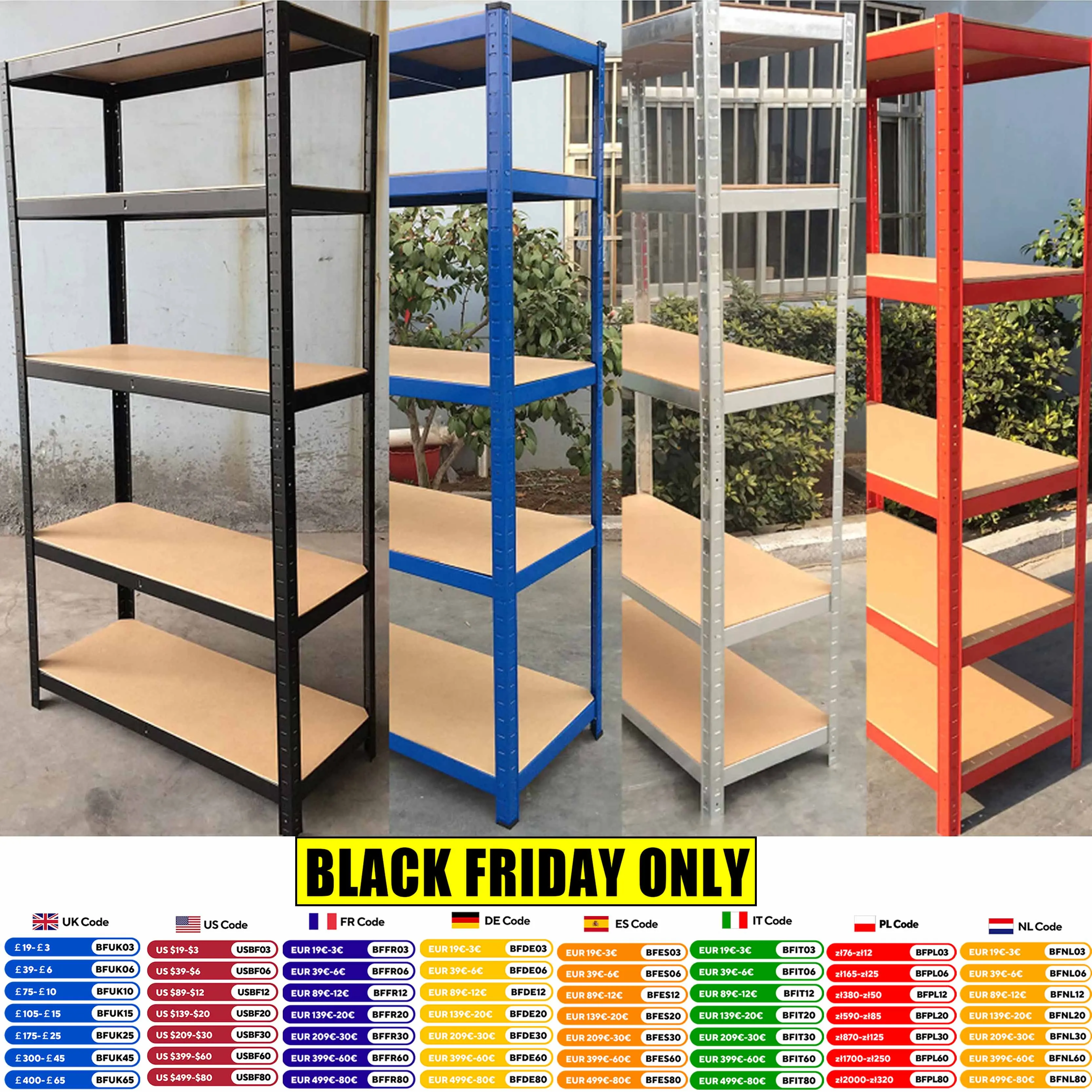 Shelving Unit for Garages & Sheds 150cm/180cm  Height Racking Storage Shelves Metal Shelving 5 Tier Boltless Garage Storage Unit