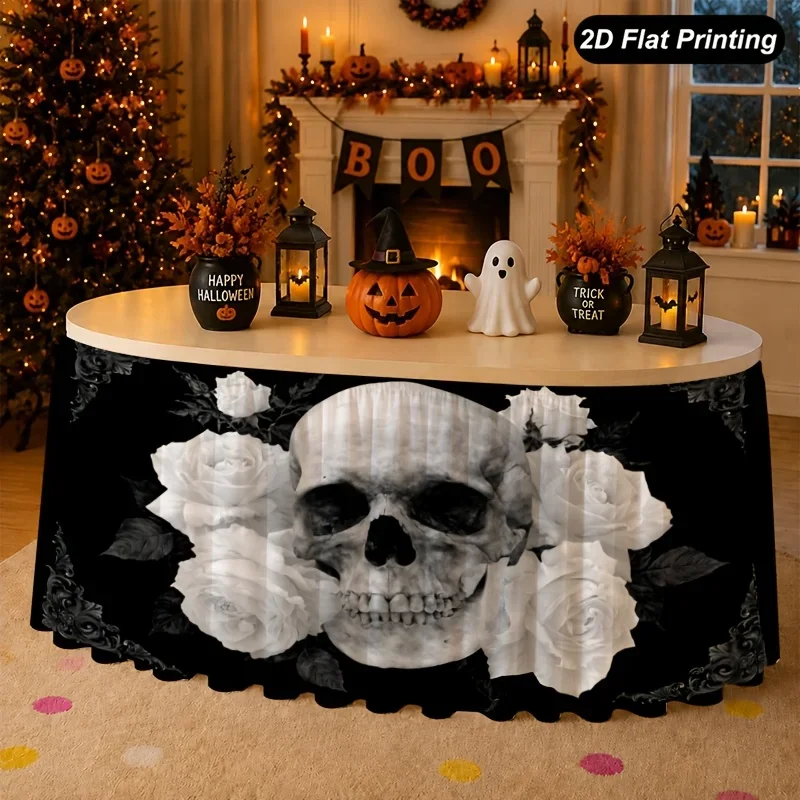 Flat Halloween black and white skull table skirt. Very suitable for decorating the family kitchen. FamilyHalloween decorationxzj
