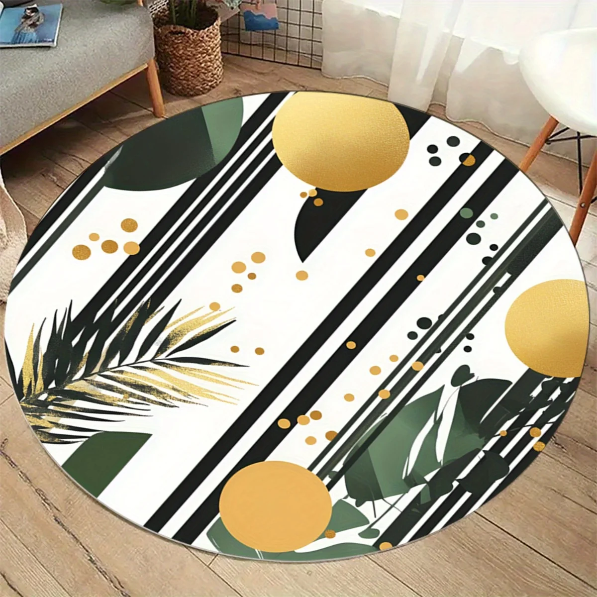 

1pc Nordic style geometric plant print round carpet, crystal velvet fabric, suitable for bedroom and living room decoration