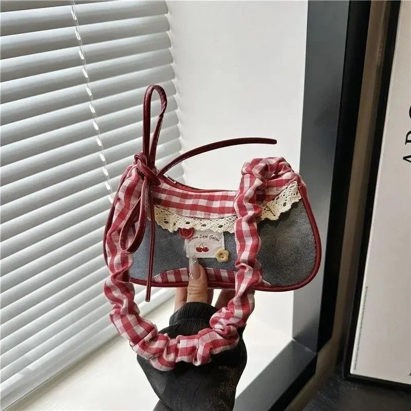 Cute Gingham & Denim Shoulder Bag For Women, Y2k Pleated Strap Cherry Patch Mini Handbag, Sweet Casual Daily Purse Color Block