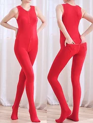 Sleeveless 2 Zipper Crotch Bodysuit Without Thin Thick Fleece Thermal Bodystocking Tights Sexy Leotard Conjoined Pijamas Catsuit