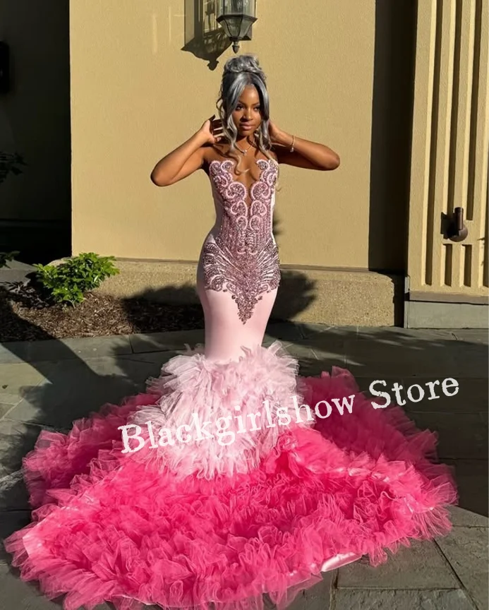 Gorgeous Lace Mermaid Evening Gowns Glitter Crystal Beaded Appliques Black Girls Birthday Party Masked Ball Custom فساتين سهرة