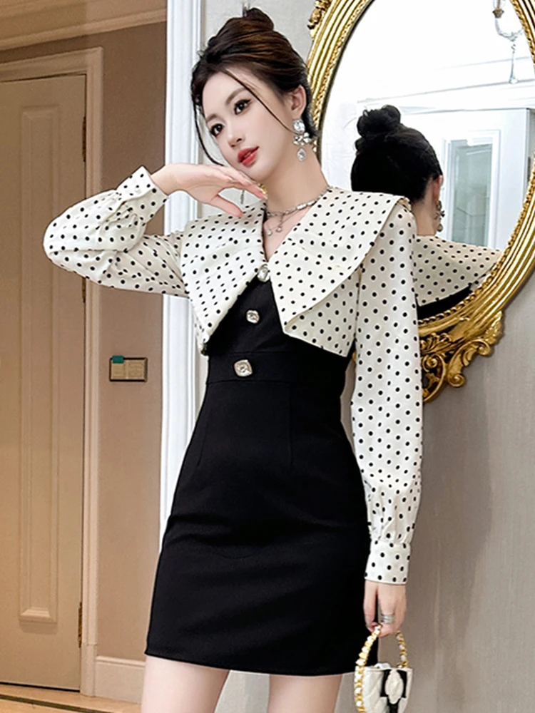 Women Clothes Fake 2-Piece Sweet Black Polka Dot Puff Sleeve Slim Short Dress Elegant Ladies Vestidos Casual Formal Commute New
