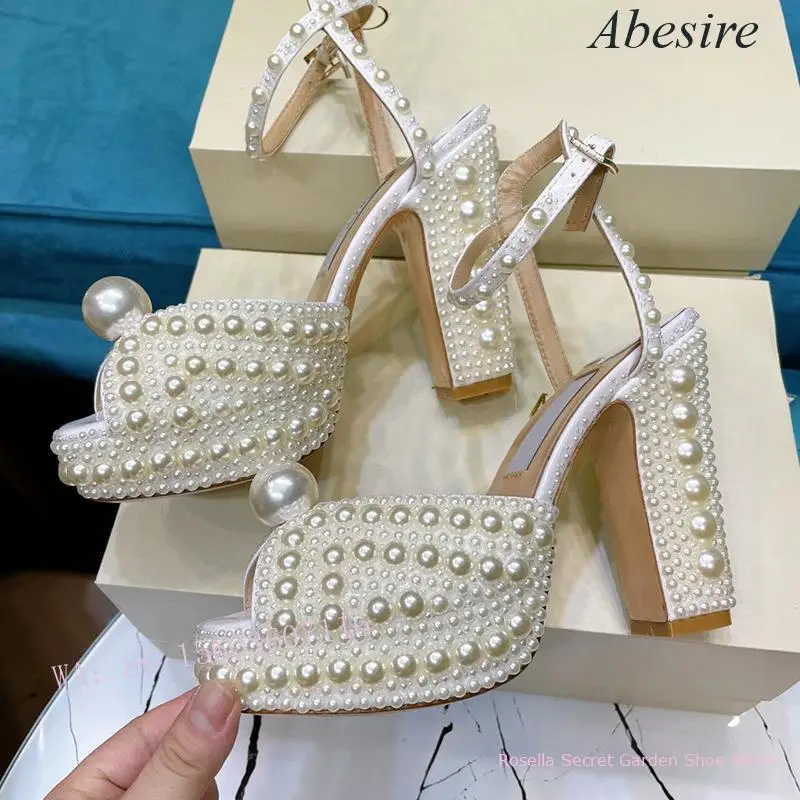 New Style Pearl Shoes Fish Mouth Embellished with Crystal Raised Waterproof Platform Women's Super High Heel Sandals