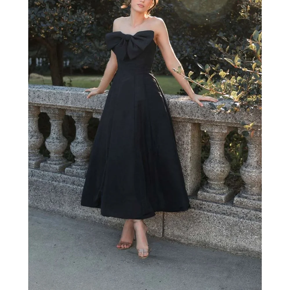 

Black Strapless A-Line Ankle-Length Prom Gowns Elegant Bow Evening Party Dresses Simple Sleeveless Graduation Gown Customized